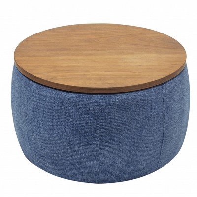 HomeRoots 26" Blue and Brown Fabric And Wood Reversible Tray Top Round Storage Ottoman