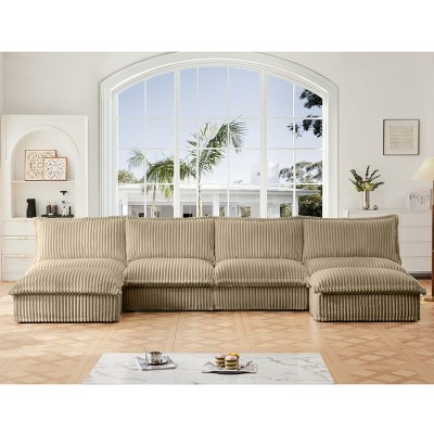 Upholstered Sectional Sofa, 4 Seater Armless Sectional Sofa with Reversible Ottoman, Sectional Sofas with Corduroy Fabric-Cuddlewood