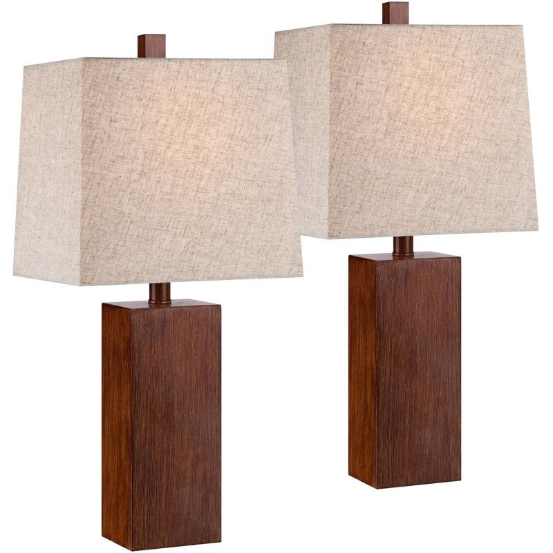 360 Lighting Modern Rustic Accent Table Lamps 23" High Set of 2 Faux Wood Rectangular Block Brown Tan Fabric Shade for Bedroom Living Room House Home, 1 of 7