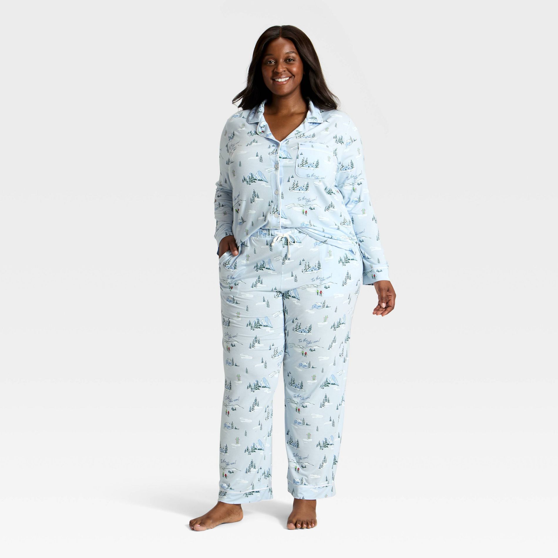 Women's Cloud Knit Modal Long Sleeve Notch Collar Top and Pants Pajama Set - Auden™ Blue 'Tis the Skison