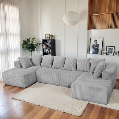 130'' U-Shaped Modular Sectional Sofa, Striped Corduroy Fabric Couch with Reversible Chaise, No Assembly, Deep Seats, Custom Layout for Living Room