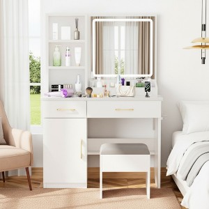 FONTOI 32"W Makeup Vanity Table Desk with Mirror Storage Space with Drawers Cushioned Stool for Bedroom Dressing Room, White, 32"*16"*52" - 1 of 4