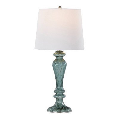 Set of 2 Smokey Turquoise Glass Table Lamps with White Linen Shades