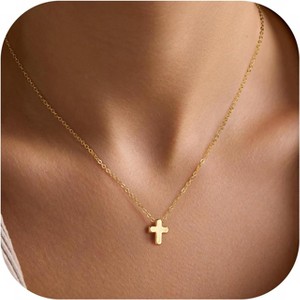 Layered Cross Necklace 14K Gold Plated with Beads CZ Mary Medal First Communion Gift tiny cross necklace - 1 of 4