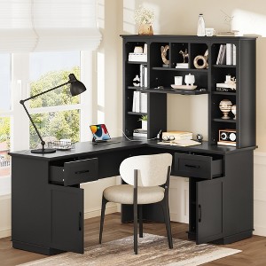 KWPZQEB Corner Computer Desk, L-Shaped Corner Desk with Storage Shelves, Drawers & Barn Door, Gaming Desk with Electrical Outlet for Home, Office - 1 of 4