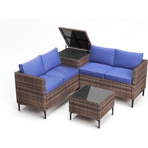 Jojoka 4-Piece All-Weather PE Rattan Patio Sofa Set, Sectional with Loveseat, Coffee Table with Storage, Ideal for Backyard - 1 of 4