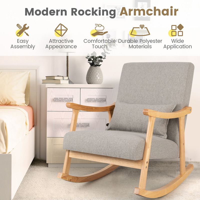 Costway Upholstered Rocking Chair with Pillow Rocking Armchair with Rubber Wood Frame Grey, 5 of 11