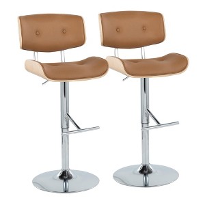 Contemporary Adjustable Swivel Barstool with Metal Base, Wood and Upholstered Seat - Set of 2 - 1 of 4