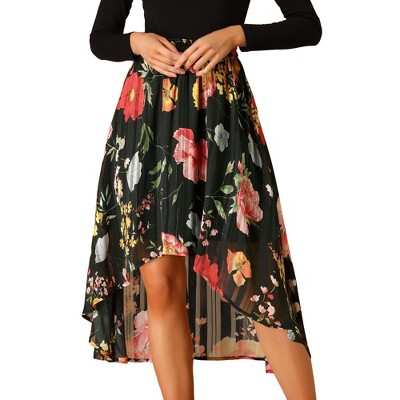 INSPIRE CHIC Women's High Low Hem Elastic Waist Lurex Chiffon A-Line Midi Floral Skirt