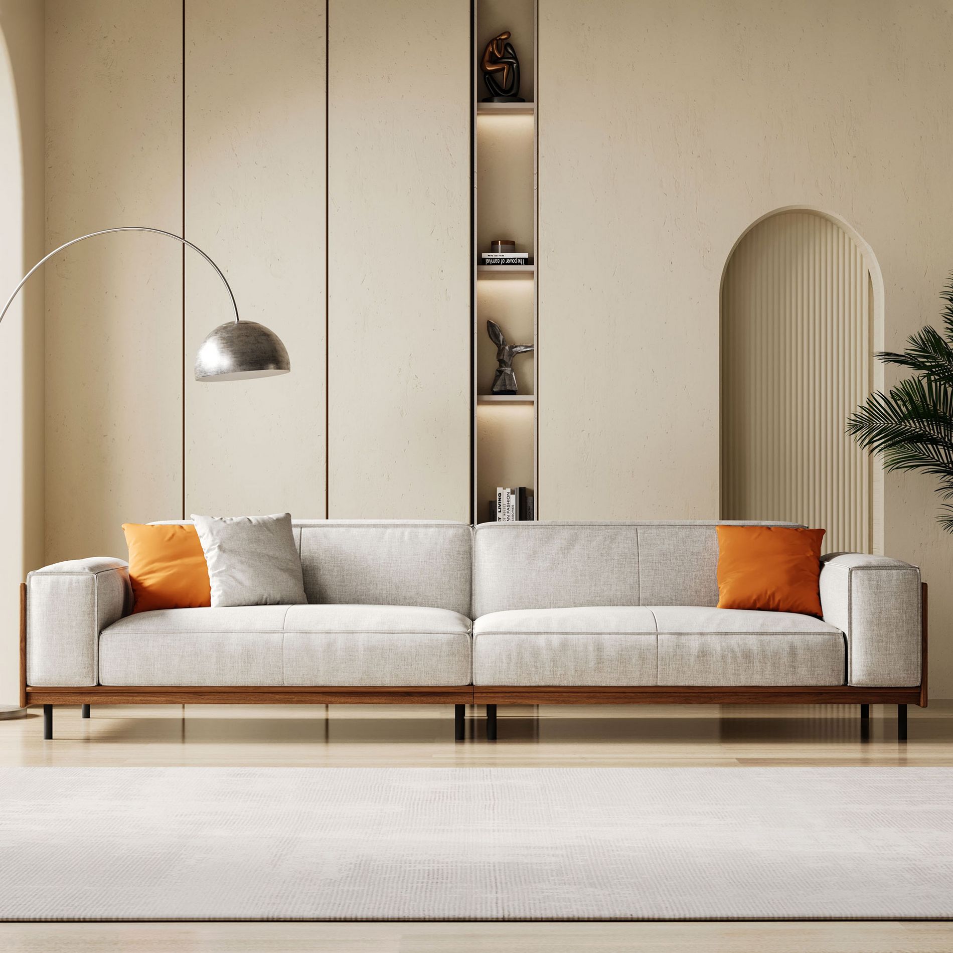 111.81" Extra-Long Solid Wood Mid-Century Light Gray Sofa, 4-Seater Cotton-Linen Couch with Walnut Accents & Washable Covers Gaoyangjiaju