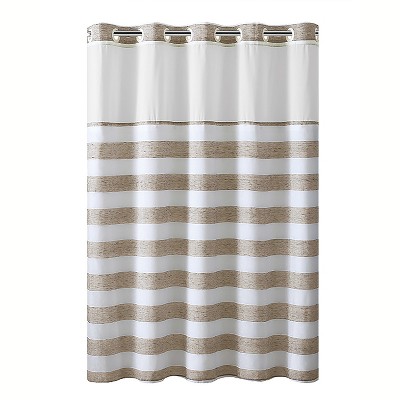 tan and white striped shower curtain