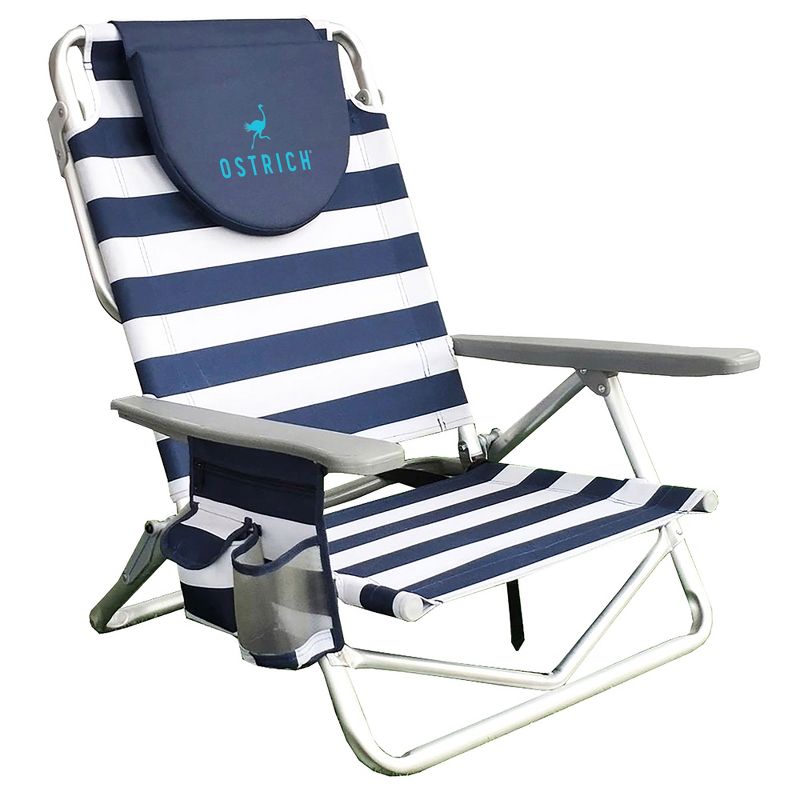 Ostrich On-Your-Back Sand Chair, Beach Reclining Lawn Chair w/Backpack Straps, Outdoor Furniture for Pool, Camping, or Backyard, Blue Stripe, 1 of 7