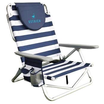 Ostrich On-Your-Back Sand Chair, Beach Reclining Lawn Chair w/Backpack Straps, Outdoor Furniture for Pool, Camping, or Backyard, Blue Stripe
