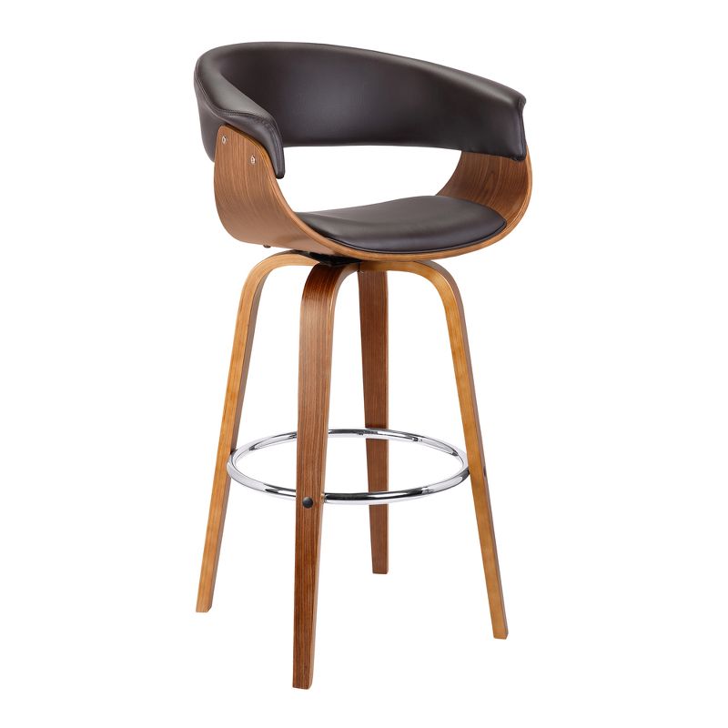 30" Julyssa Mid-Century Swivel Bar Height Barstool in Brown Faux Leather with Walnut Wood - Armen Living, 1 of 9