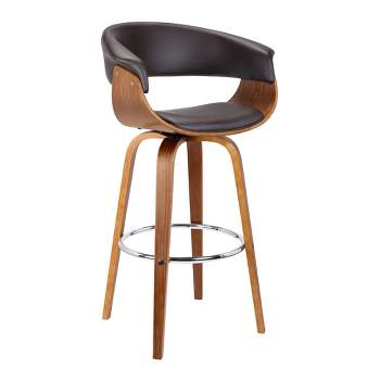 30" Julyssa Mid-Century Swivel Bar Height Barstool in Brown Faux Leather with Walnut Wood - Armen Living