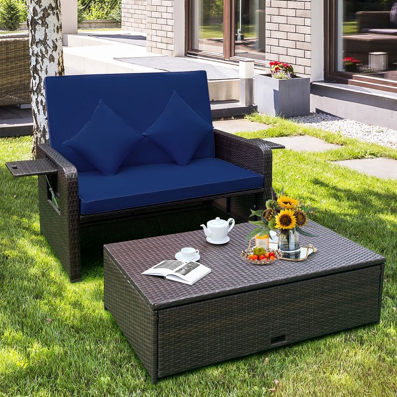 Costway Patio Rattan Loveseat Set Daybed Lounge Storage Ottoman Side Tables Adjust, 3 of 11
