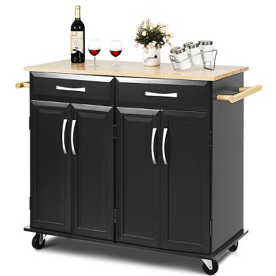 Costway Rolling Kitchen Trolley Island Black Cart Wood Top Storage Cabinet Utility W/ Drawers