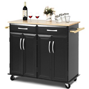 Costway Rolling Kitchen Trolley Island Black Cart Wood Top Storage Cabinet Utility W/ Drawers - 1 of 4