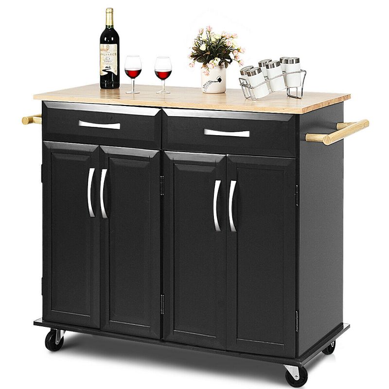 Costway Rolling Kitchen Trolley Island Black Cart Wood Top Storage Cabinet Utility W/ Drawers, 1 of 11
