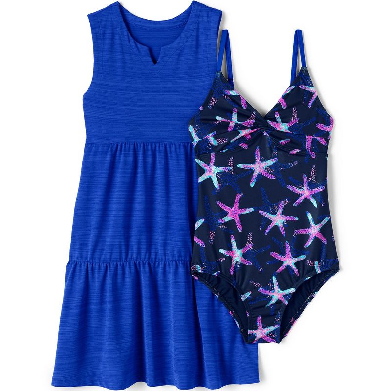 Lands' End Kids Chlorine Resistant Twist Front One Piece Swimsuit UPF Dress Coverup Set, 1 of 5