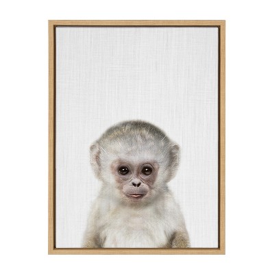 Natural Framed Canvas Art with Monkey Print for Kids