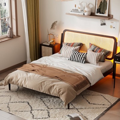 NicBex Queen Size Platform Bed 84.5" L Modern Wooden Bed Frame with Rattan Headboard and LED Light for Bedroom, No Box Spring Required