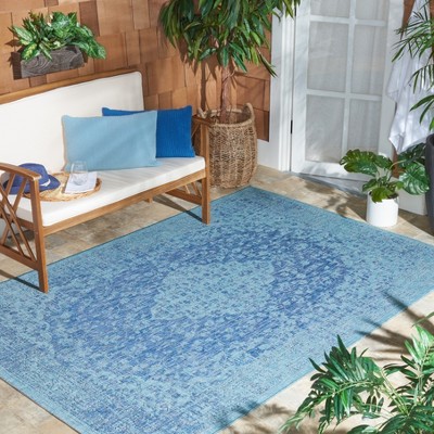 Navy and Aqua Courtyard Indoor/Outdoor Rectangular Rug
