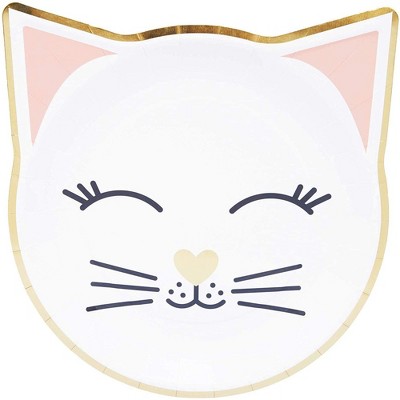 Gold Foil Cat-Shaped White Paper Plates for Birthday Parties