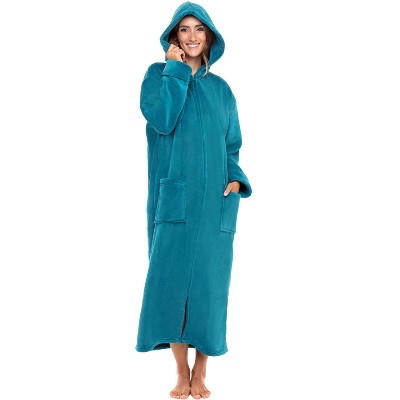 Adr Women's Zip Up Fleece Robe With Hood, Oversized Hooded Bathrobe 