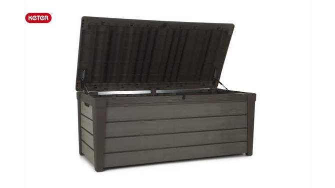 Keter Brushwood 120 Gallon Outdoor Deck Storage Box, Lockable Patio and Garden Furniture Container for Yard Tools and Pool Accessories, Brown, 2 of 8, play video