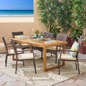 Garner 7pc Acacia Wood & Wicker Patio Dining Set - Brown - Christopher Knight Home