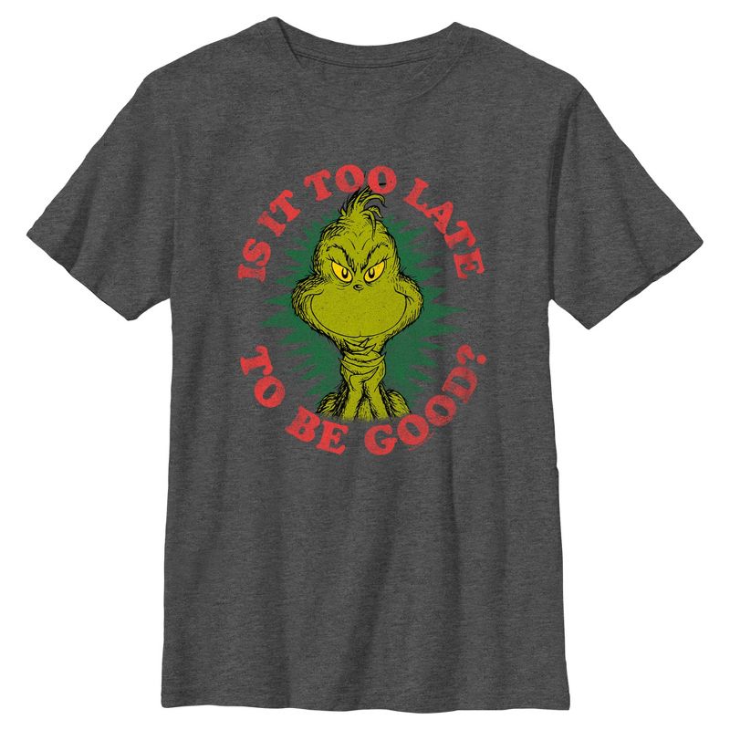 Boy's Dr. Seuss Christmas The Grinch Is it too Late T-Shirt, 1 of 6