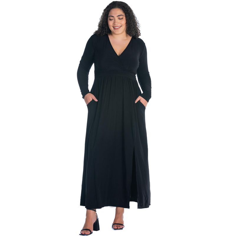 24seven Comfort Apparel Long Sleeve V Neck Side Slit Plus Size Maxi Dress, 1 of 6