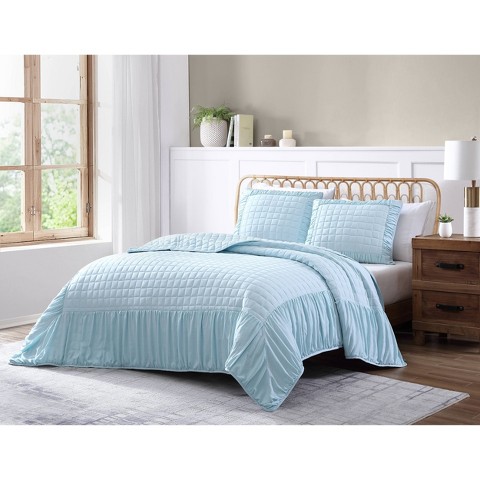 Geneva Home Fashion 3pc Queen Cedra Enzyme Washed Quilt Light Blue - Geneva Home Fashion: Microfiber Bedding Set with Shams