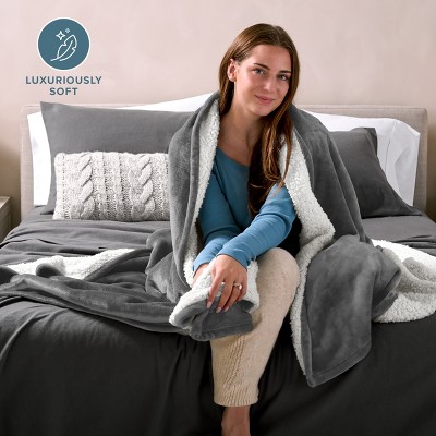 Full Gray Reversible Sherpa Fleece Blanket