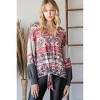 Slickblue Women's Aztec Print V-Neck Sweater, Color Block with Tie Front and Ruffle Sleeves, Red, Size S-L - 2 of 4