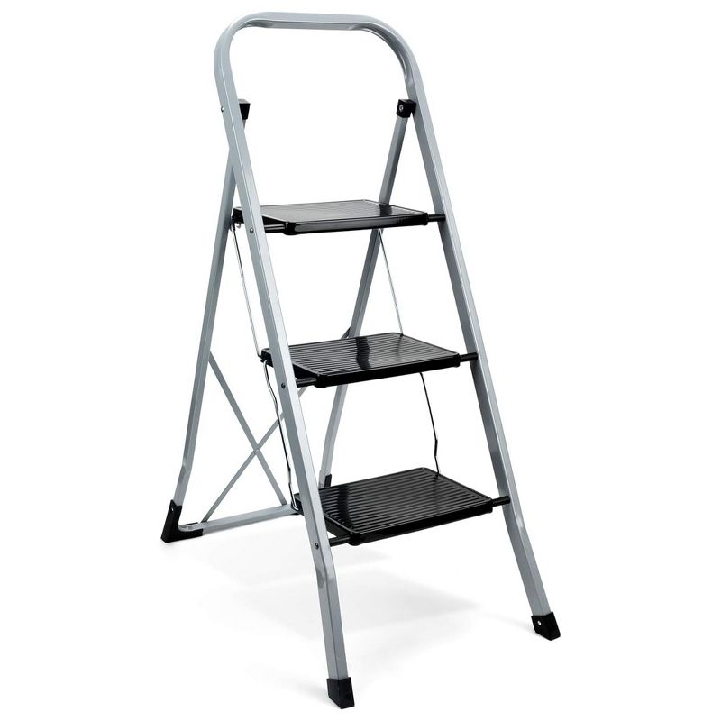 Delxo Non-Slip 3 Step Stool Folding Sturdy Steel Wide Step Ladder with Hand Grip and Locking Mechanism for Indoor Household Kitchens, Gray, 3 of 8