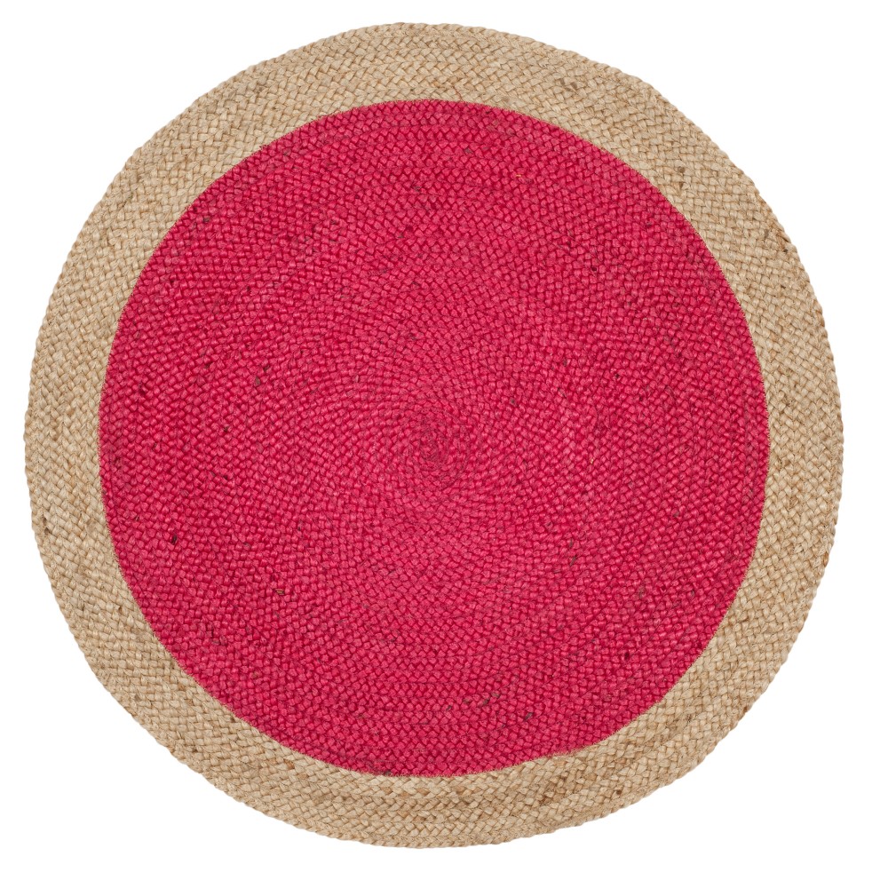 Fuchsia/Natural Solid Woven Round Accent Rug 3'