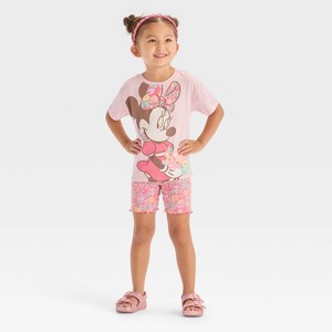 Toddler Girls' 2pc Disney Minnie Mouse Floral T-Shirt & Biker Shorts Set - Pink - 1 of 4