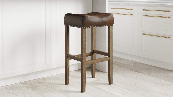 29" Faux Leather and Wood Saddle Barstool - Nathan James, 2 of 5, play video