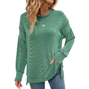 Women's Crewneck Sweatshirt Long Sleeve Side Split Tunic Tops Relaxed Fit Fall Shirts - 1 of 4