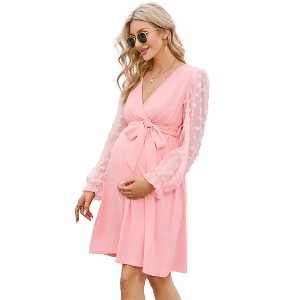 Womens Maternity Long Sleeve Swiss Dot Wrap Dress Casual V Neck Fall Nursing Midi Dress Baby Shower Photoshoot Belt - 1 of 4