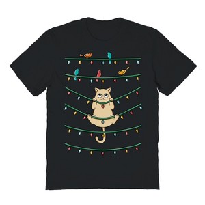Rerun Island Men's Cat And Birds Christmas Short Sleeve Graphic Cotton T-Shirt - 1 of 1