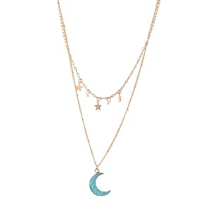 Slickblue Women's Necklace, Gold Double Ball & Curb Chain with Amazonite Moon and Star Charms, 15"-18.5" - 1 of 2