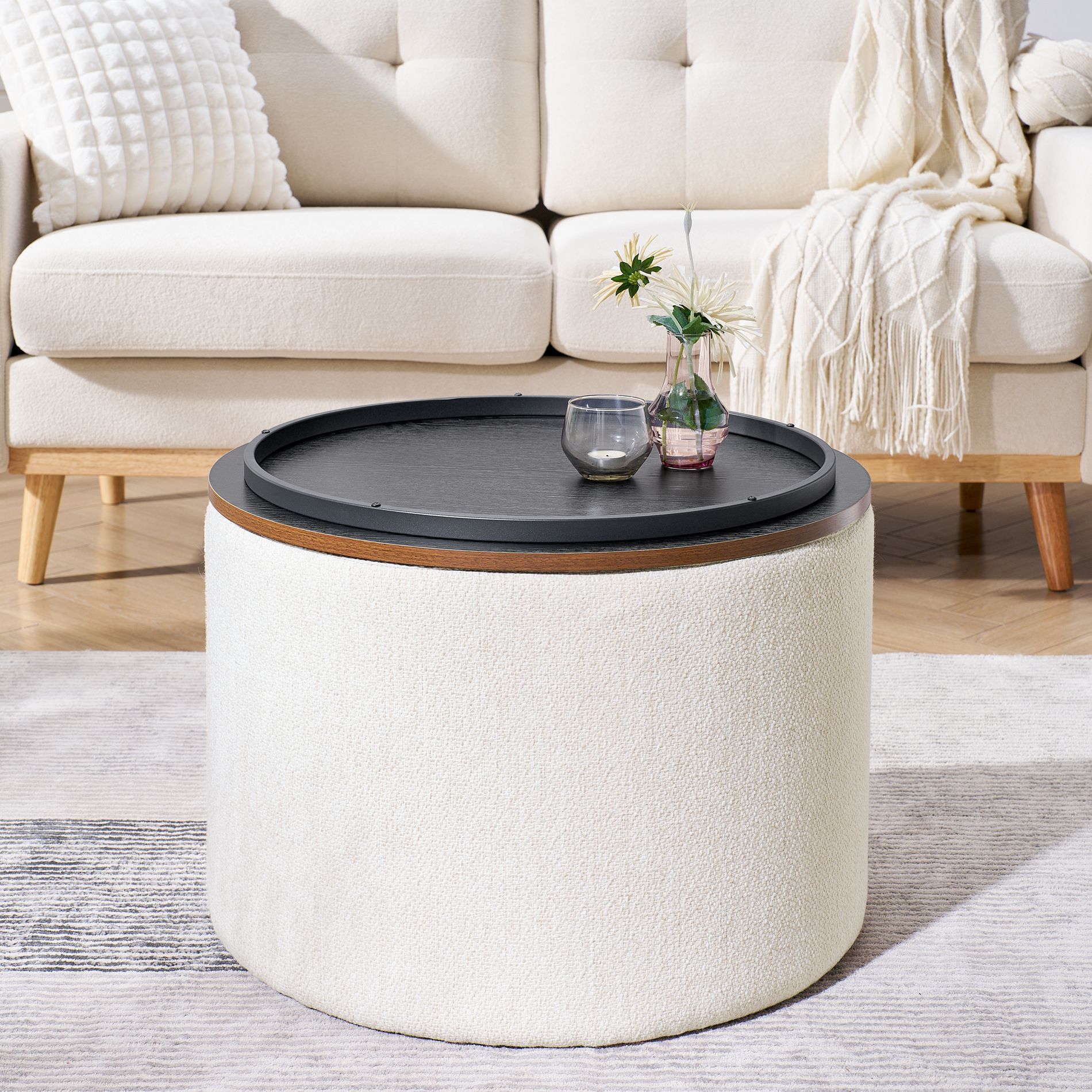 Racxily Multi-Use Ottoman Set: 2-in-1 Ottoman + Table, Drum Stool, Storage, Linen Material – Simple Elegant, Ideal for Living Room/Bedroom