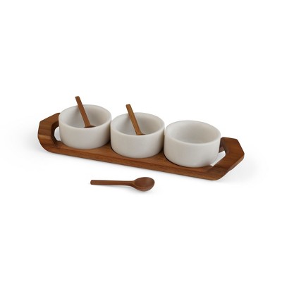 Nambe Chevron Condiment Tray with Spoons, Acacia Wood Tray and White Marble Dip Bowls, Trio Serving Dish Set