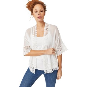 ellos Plus Size Sheer Lace Trim Duster Cardigan - 1 of 4