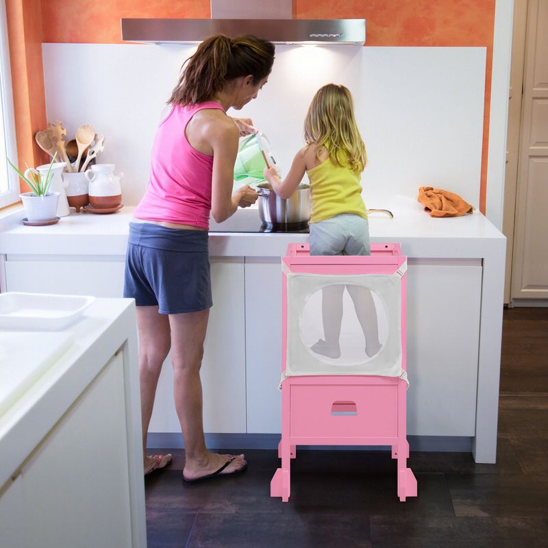 Costway Folding Wooden Kids Kitchen Step Stool with Adjustable Height & Safety Netting, 2 of 11