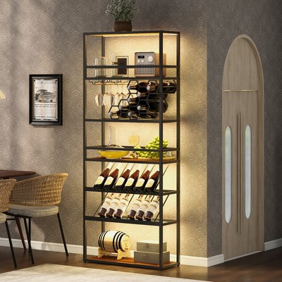 78.74"H LED Bar Cabinet, Buffet Sideboard with 6 Levels and Wine Bottle Racks, Black/Gold, 4A -ModernLuxe