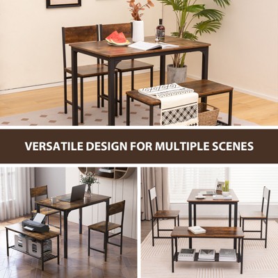 Rustic Brown MDF and Metal Dining Table Set with Bench and 2 Chairs